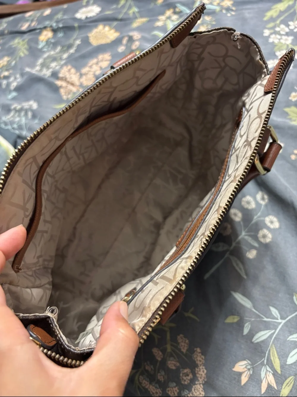 Calvin Klein Brown Monogram Zipper Handbag with Tan Handles and Gold Hardware